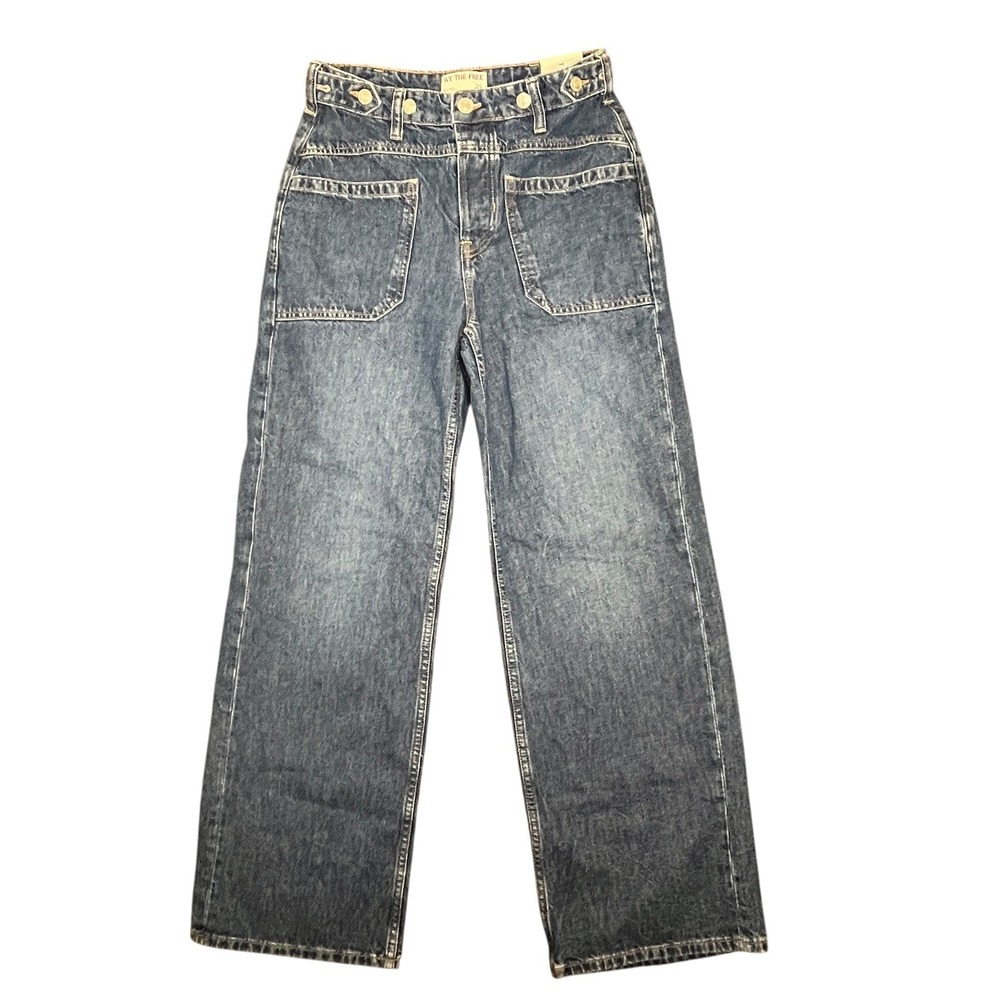 We The Free People Wide Leg High Rise Blue Jeans Button Fly Size 25 28x31 NEW